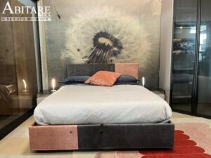 letto imbottito ciniglia rosa grigio contenitore piellepi camera matrimoniale arredamento imola